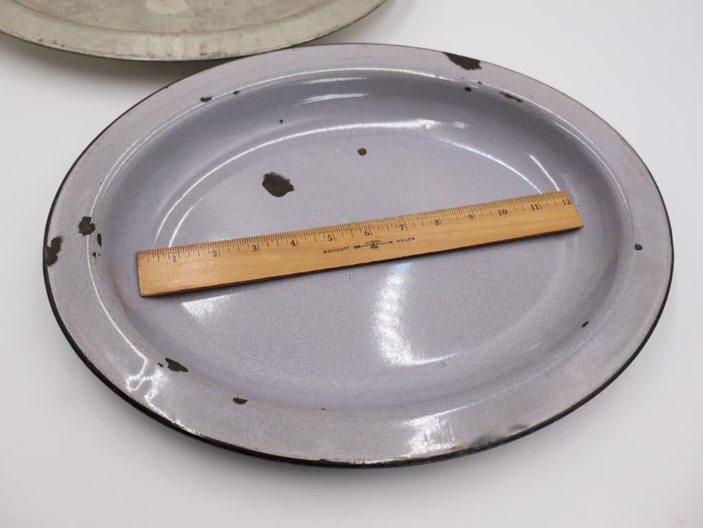 Vintage Enamelware Gray and Metal Platter - 2