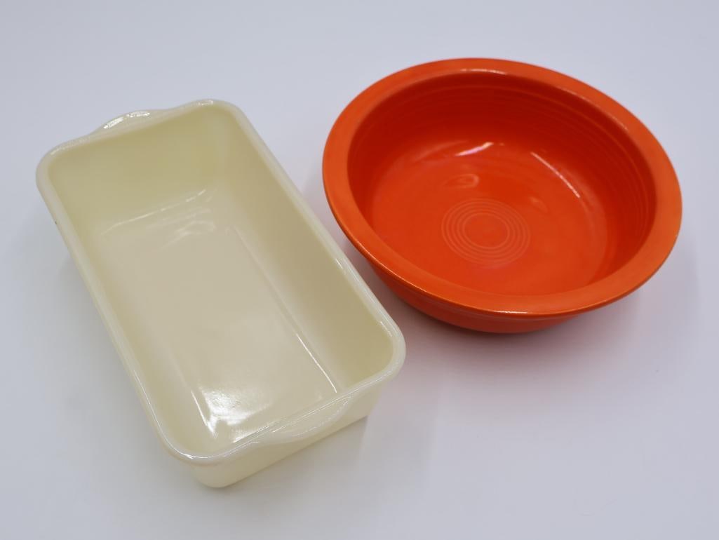 Vintage Vibrant Red-Orange Fiestaware Large Bowl and Fire King Glass Bread Pan - 2