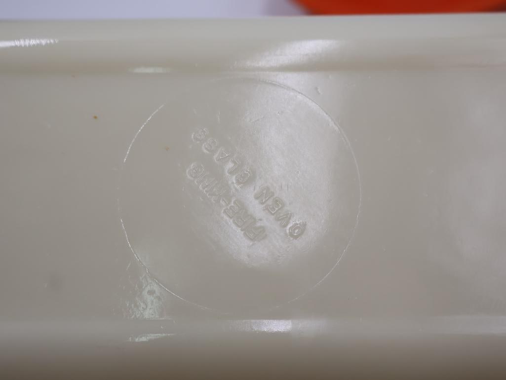 Vintage Vibrant Red-Orange Fiestaware Large Bowl and Fire King Glass Bread Pan - 5