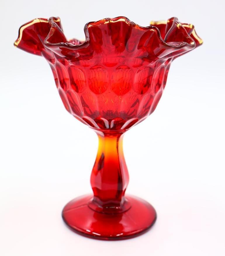 Ruby Red Fenton Ruffle Edge Thumbprint Dot Compote: This compote features amberina edging and center where the glass becomes more orange/yellow. Includes vintage Fenton sticker on bottom 