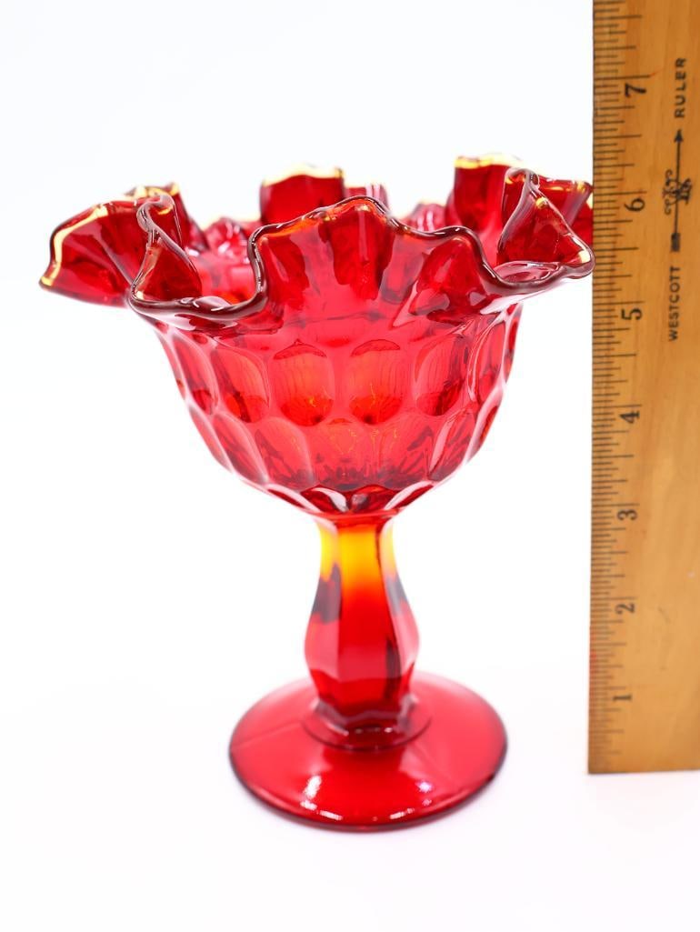 Ruby Red Fenton Ruffle Edge Thumbprint Dot Compote - 2