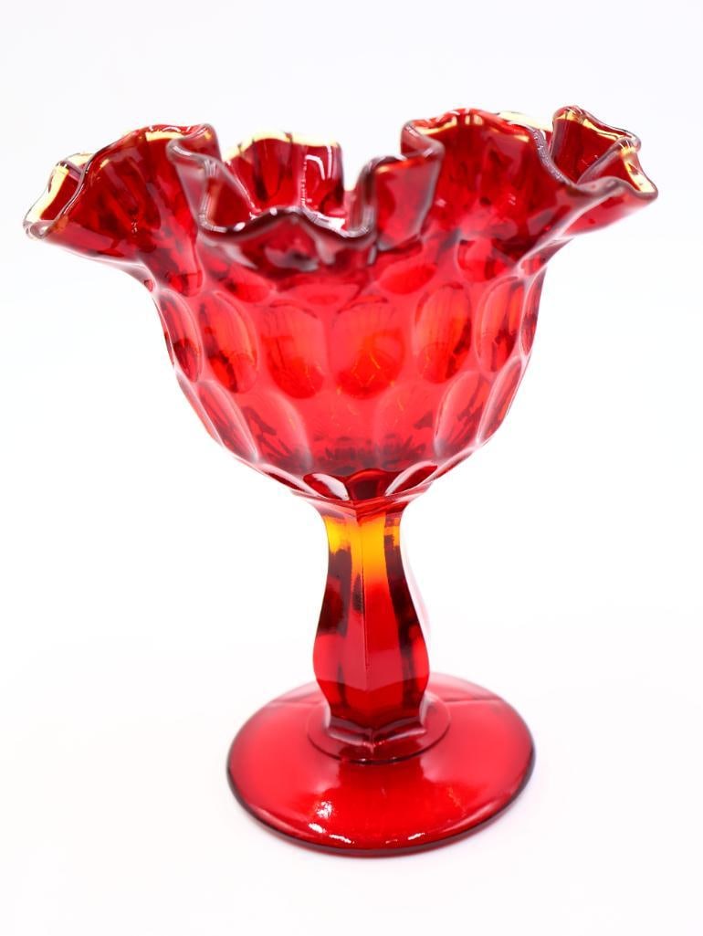 Ruby Red Fenton Ruffle Edge Thumbprint Dot Compote - 4