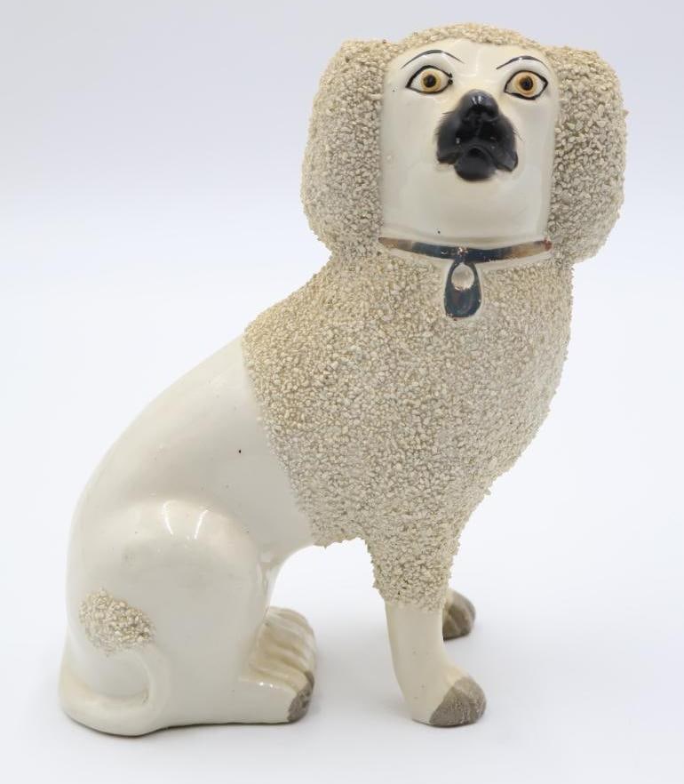 Antique Confetti Staffordshire White Dog: Antique stamp on bottom incomplete '...ware England' stands about 8" tall 