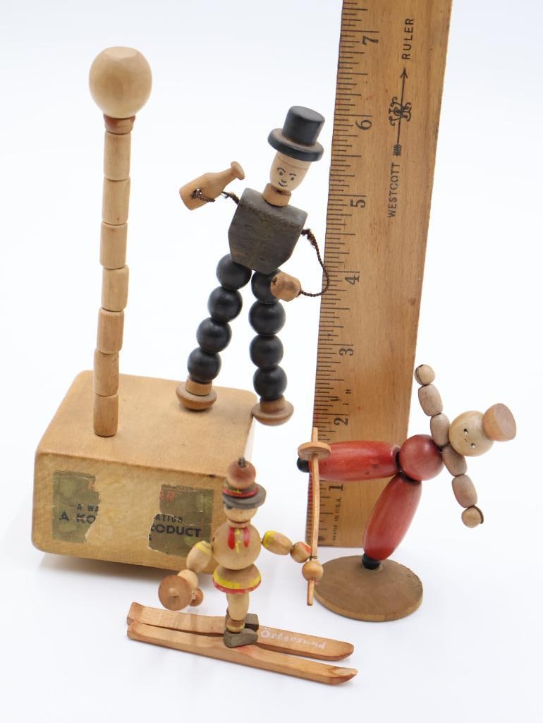 Three Vintage Wackelfigur Wood Jointed Bead Toys - 2