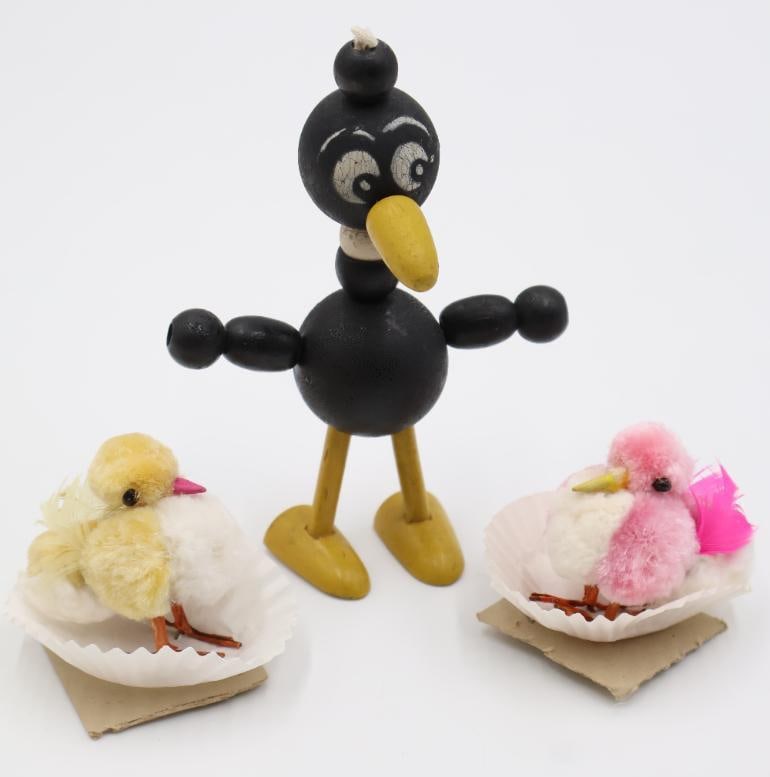 Vintage Wooden Bead Crow Toy and Two Puffball Chicks: Vintage crow black bird Wackelfigur wood toy, and two puffball small Easter style chicks