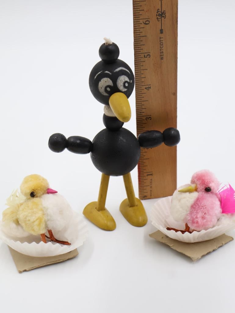 Vintage Wooden Bead Crow Toy and Two Puffball Chicks - 2