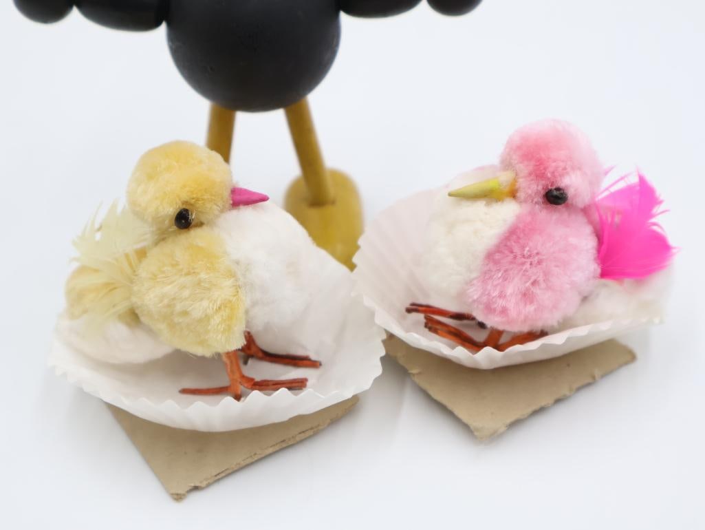 Vintage Wooden Bead Crow Toy and Two Puffball Chicks - 3