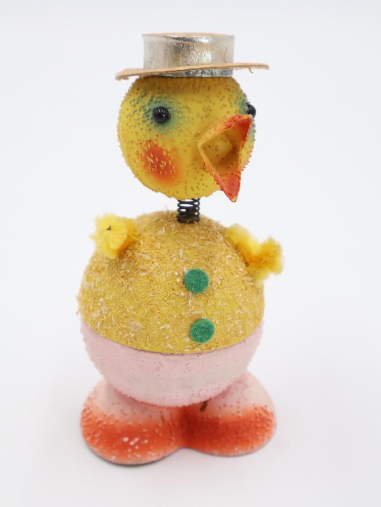 Vintage German Papier-Mache Easter Candy Container with Pink Bottom: Most likely produced in the 1940/50's, middle 'egg' shaped body opens and would have candy. Marked West Germany on bottom 