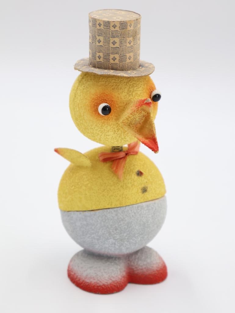 Vintage German Papier-Mache Easter Candy Container with Top Hat: Most likely produced in the 1940/50's, middle 'egg' shaped body opens and would have candy. Marked made in West Germany on bottom 