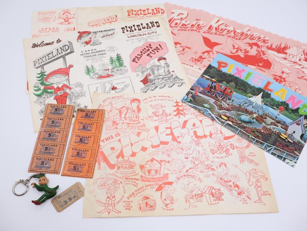 Collection of Vintage Pixieland Oregon Souvenirs: Locally famous at the Oregon Coast, Pixieland was family fun amusement found just outside Lincoln City. This collection includes three vintage brochures, Pixie Kitchen placemat, giant postcard, two se