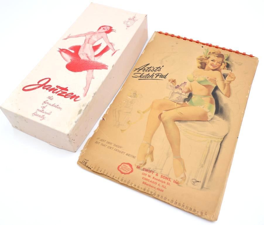 Vintage 1949 Advertising Pin Up Calendar and Vintage Jantzen Lingerie/Swimwear box: Complete 1949 Artists' Sketch Pad Pin Up calendar advertising M. Swift & Sons Inc. please see all photos for condition. 