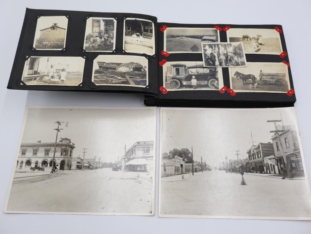Collection of Antique Photos and Album: Antique album filled with various photos of life, some dated about 1910's or so. Showing some pictures of the aftermath of a major storm, vehicles, animals, and daily life. 