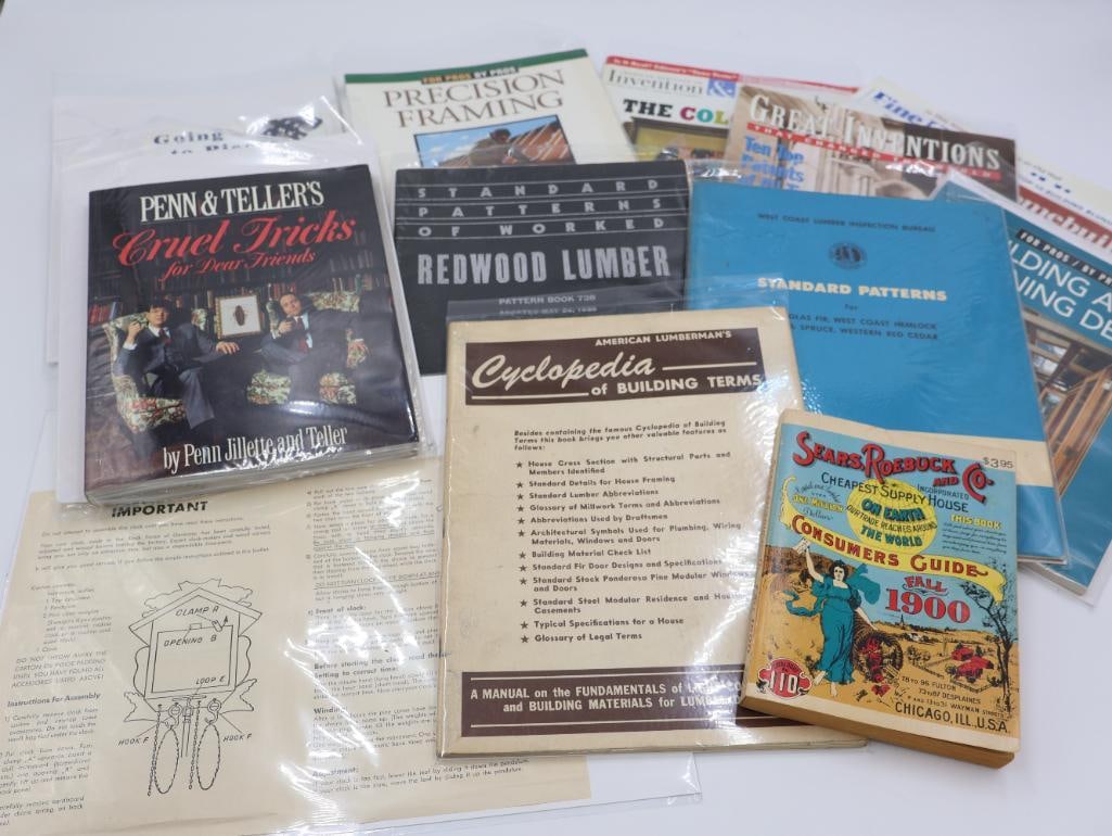 Wide Variety of Books and Reference Books: Includes vintage cuckoo clock instructions, 70's reprint of Sears Roebuck 1900 edition, vintage lumber and wood guides, and Penn and Teller Cruel Tricks for Dear Friends