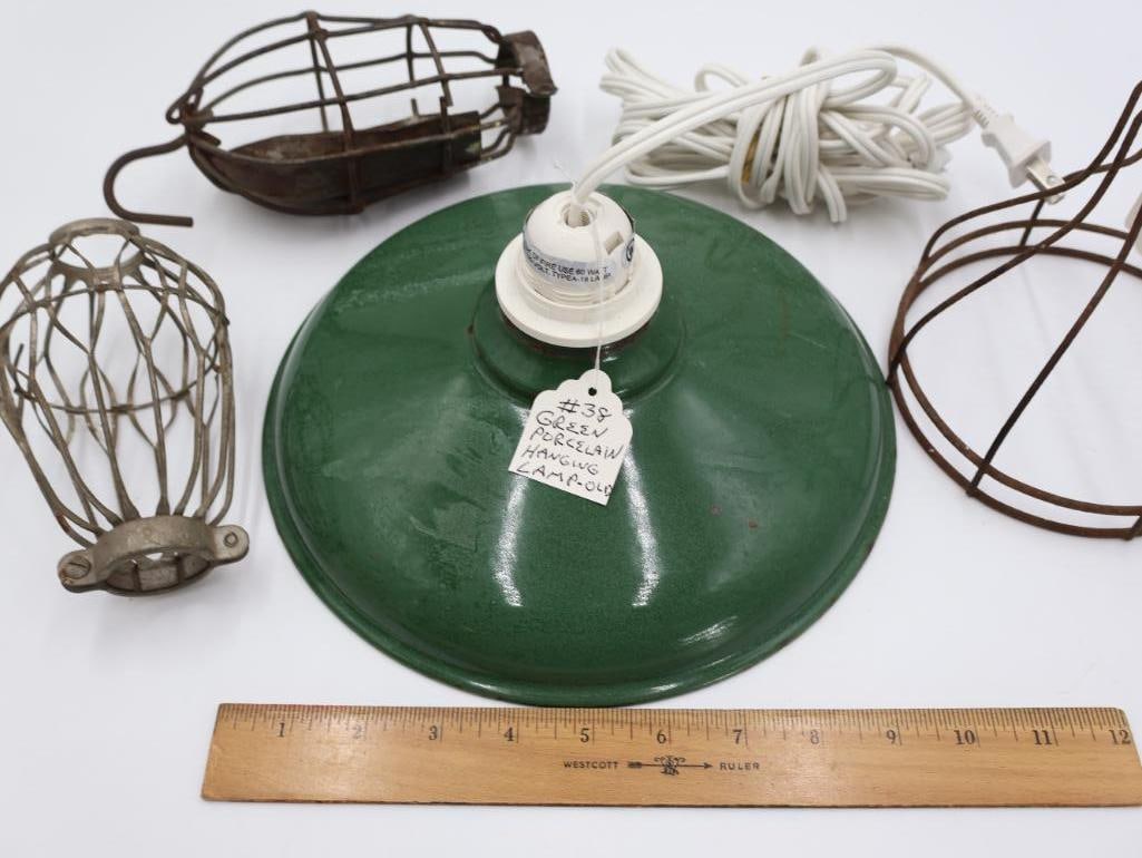 Vintage Green Porcelain Enamel Hanging Lamp and Vintage Wire Light Cages - 2