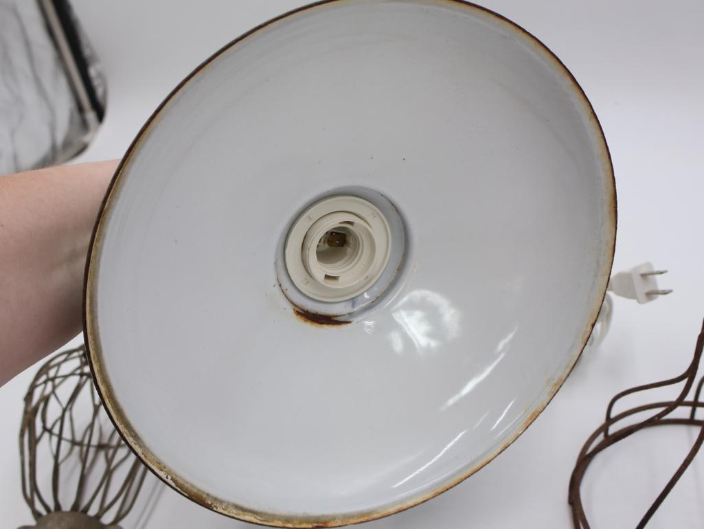 Vintage Green Porcelain Enamel Hanging Lamp and Vintage Wire Light Cages - 3