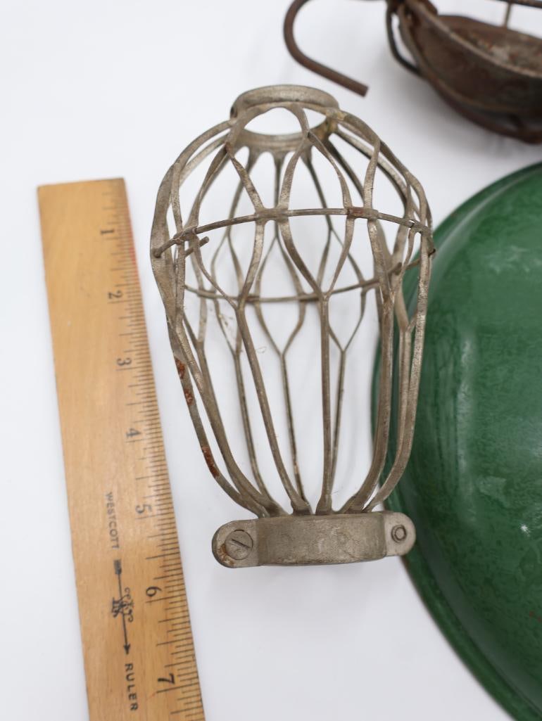 Vintage Green Porcelain Enamel Hanging Lamp and Vintage Wire Light Cages - 5
