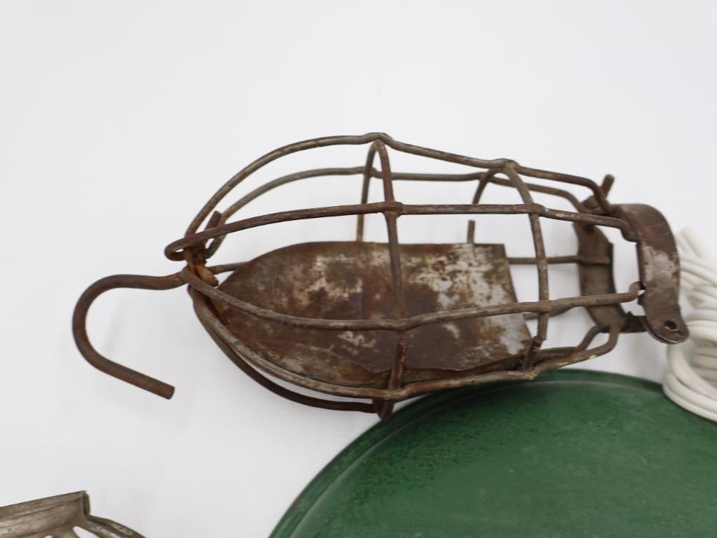 Vintage Green Porcelain Enamel Hanging Lamp and Vintage Wire Light Cages - 6