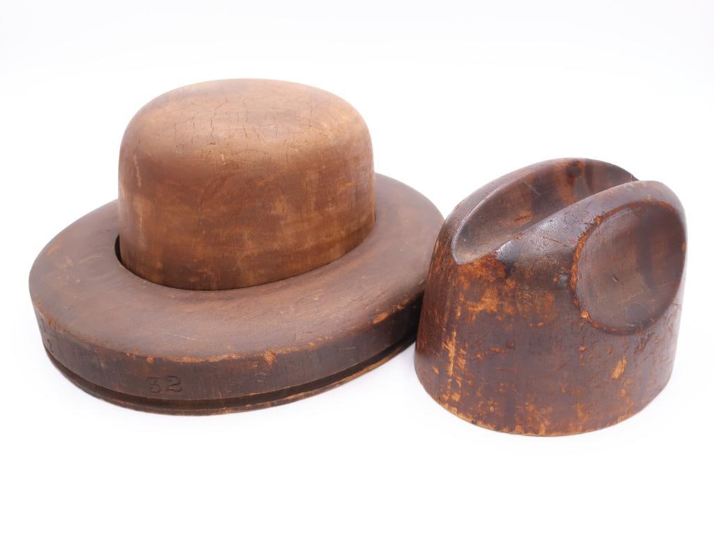 Antique Millinery Wooden Hat Blocks: Great wooden millinery hat block molds that are for steaming and shaping hats. One block marked '7 1/4, 153', and the full form mold block is marked '7 1/2, 32' and '6, 7 5/8, 52'