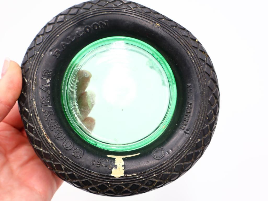 Vintage Green Uranium Glass Tire Ashtray - 9