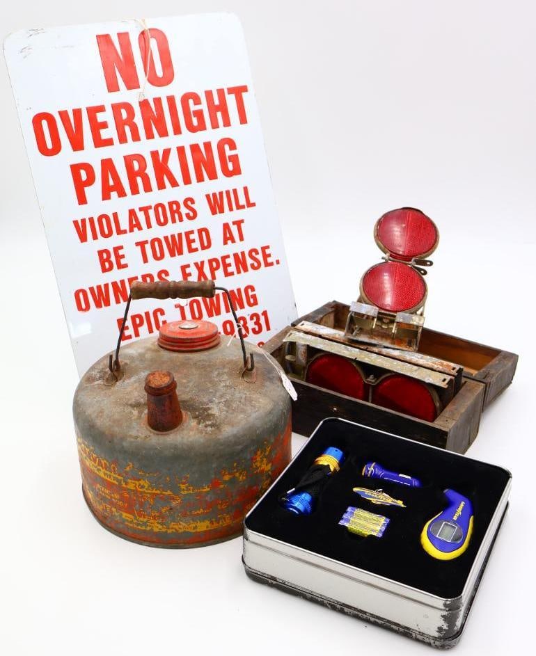 Vintage Gas Can, Reflective Signals, Tow Sign and Goodyear Gift Set: New in original tin Goodyear gift set, vintage 2 gallon metal gas can, vintage highway reflector flares in wood box, and metal No Overnight Parking tow away sign