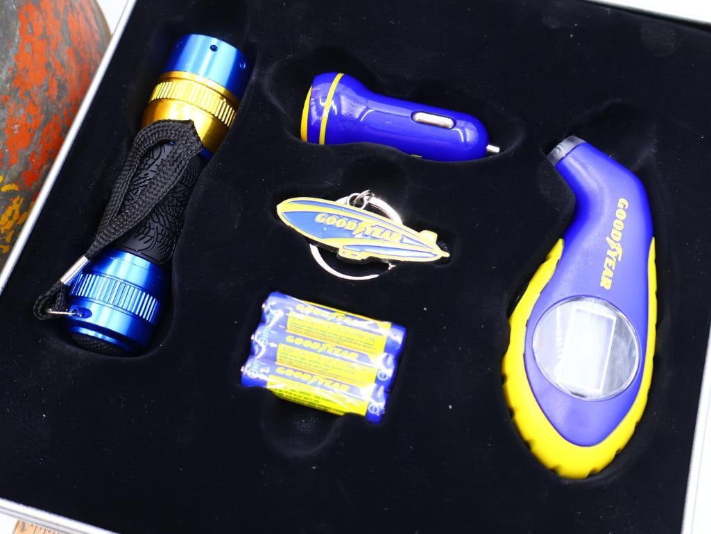 Vintage Gas Can, Reflective Signals, Tow Sign and Goodyear Gift Set - 2