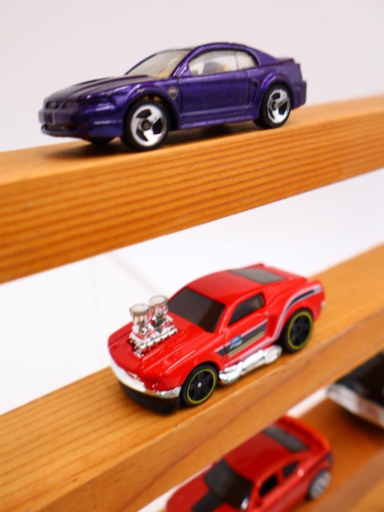 Wooden Truck Toy Car Display Rack and Various Hot Wheel and Vintage Toy Cars - 10