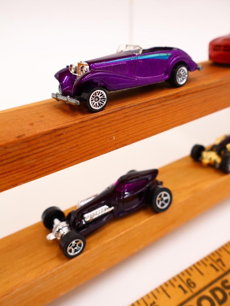 Wooden Truck Toy Car Display Rack and Various Hot Wheel and Vintage Toy Cars - 11