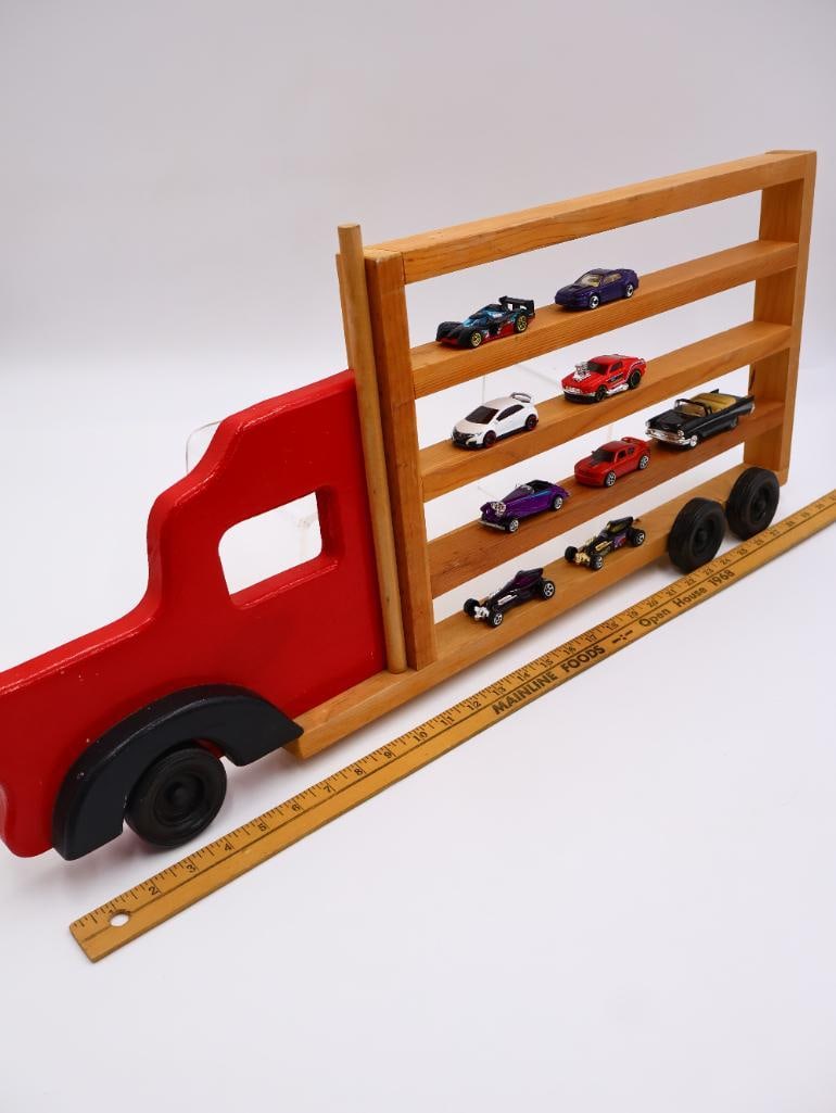 Wooden Truck Toy Car Display Rack and Various Hot Wheel and Vintage Toy Cars - 7