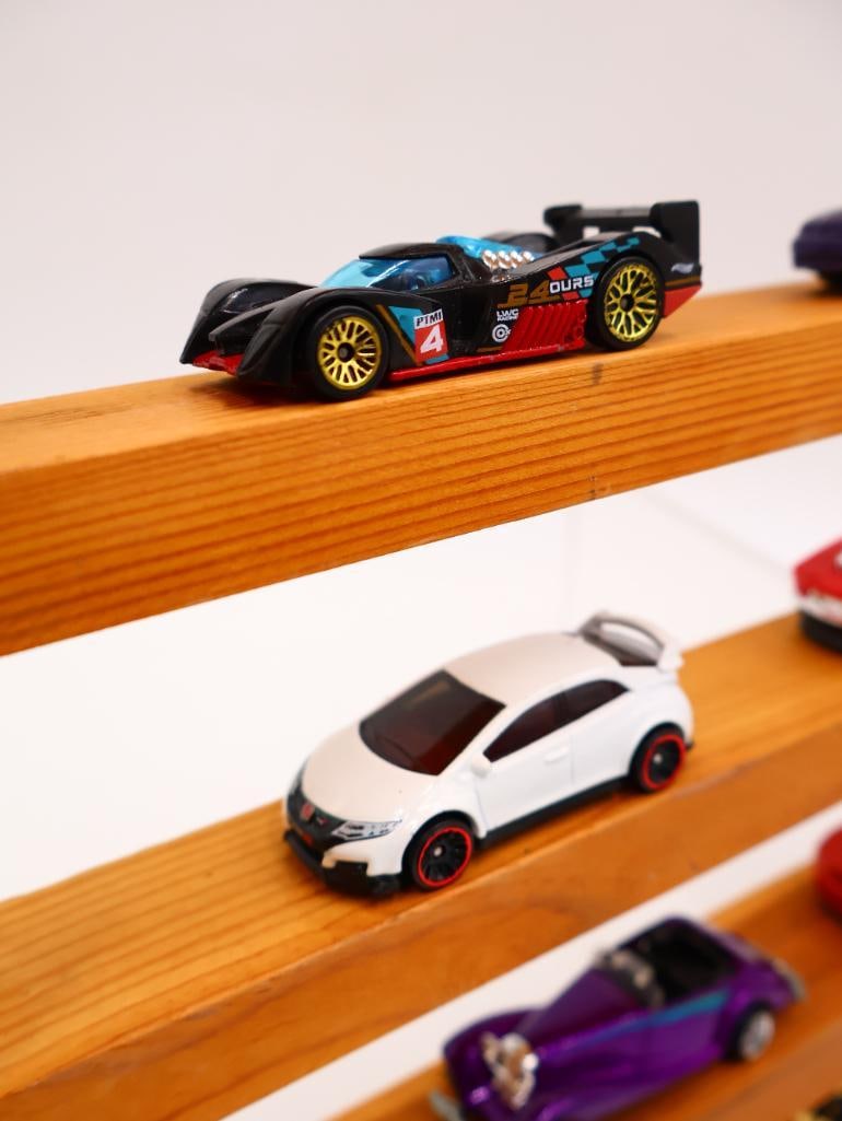 Wooden Truck Toy Car Display Rack and Various Hot Wheel and Vintage Toy Cars - 9