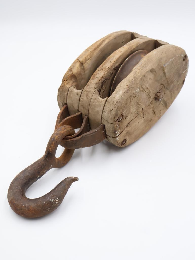 Antique Large Wooden Pulley - 7