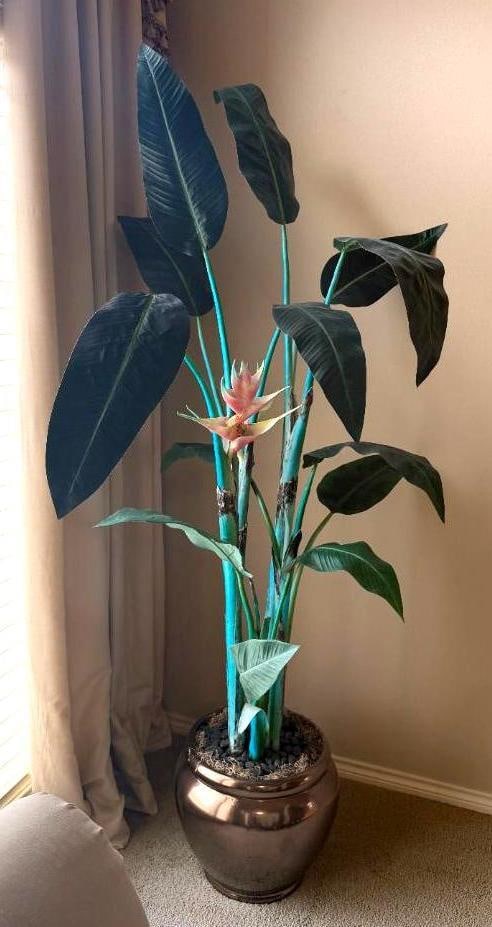 Extra Large Bird of Paradise Potted Faux Plant: In large copper tone pot, stands over 6ft tall 