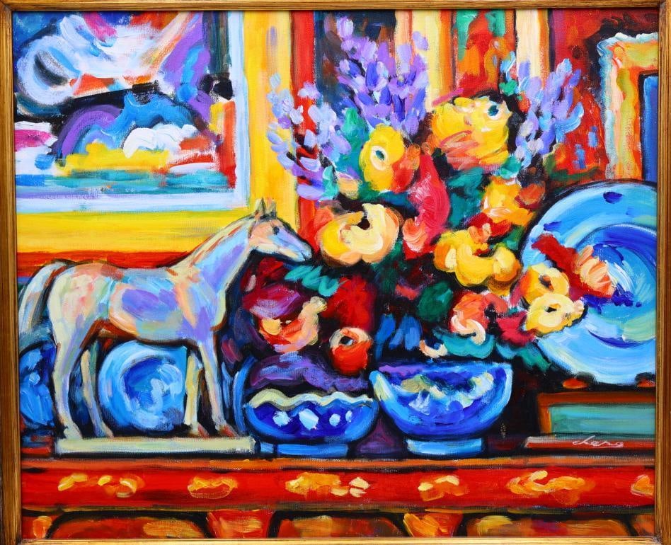 Expressionist Still Life Painting of a Colorful Mantel in Gold Frame - 3