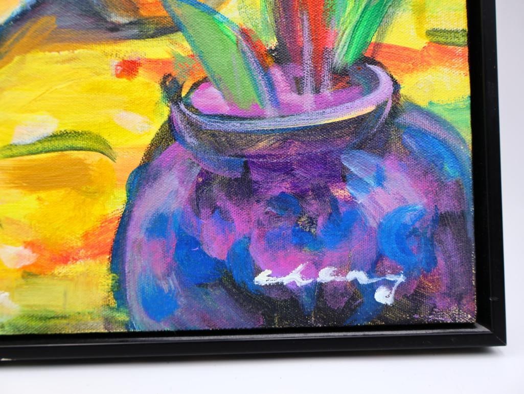 Expressionist Still Life Painting of Wine and Fruit in Black Frame - 3