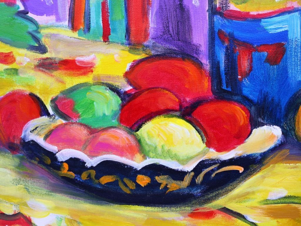 Expressionist Still Life Painting of Wine and Fruit in Black Frame - 7