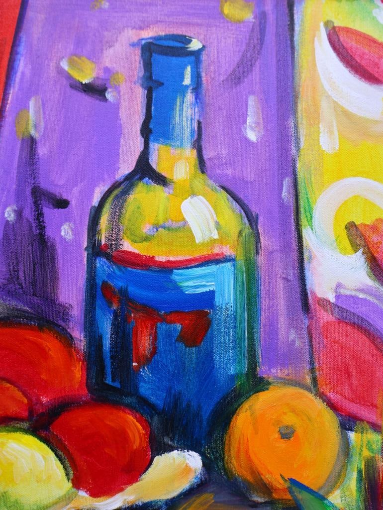 Expressionist Still Life Painting of Wine and Fruit in Black Frame - 9