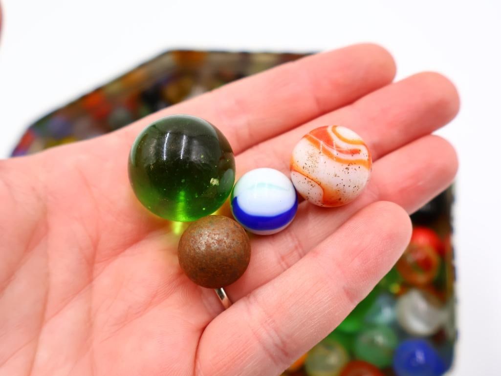 Collection of Marbles in a Leopard Themed Tin - 11