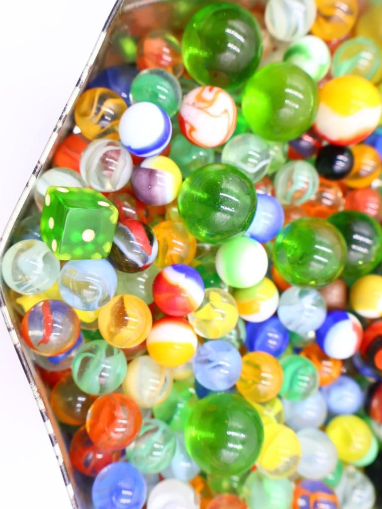 Collection of Marbles in a Leopard Themed Tin - 7