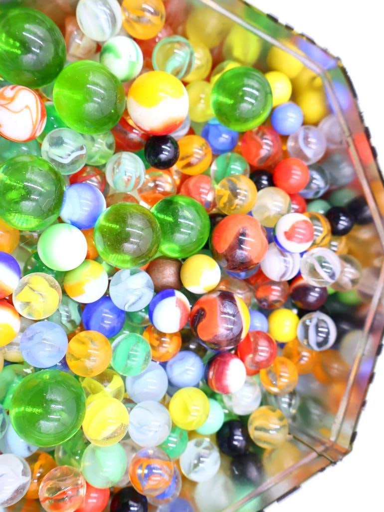 Collection of Marbles in a Leopard Themed Tin - 9