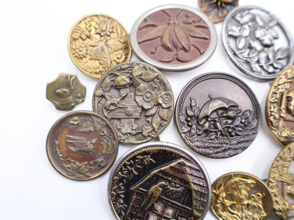 Antique Birds and Bugs Metal Picture Buttons - 7