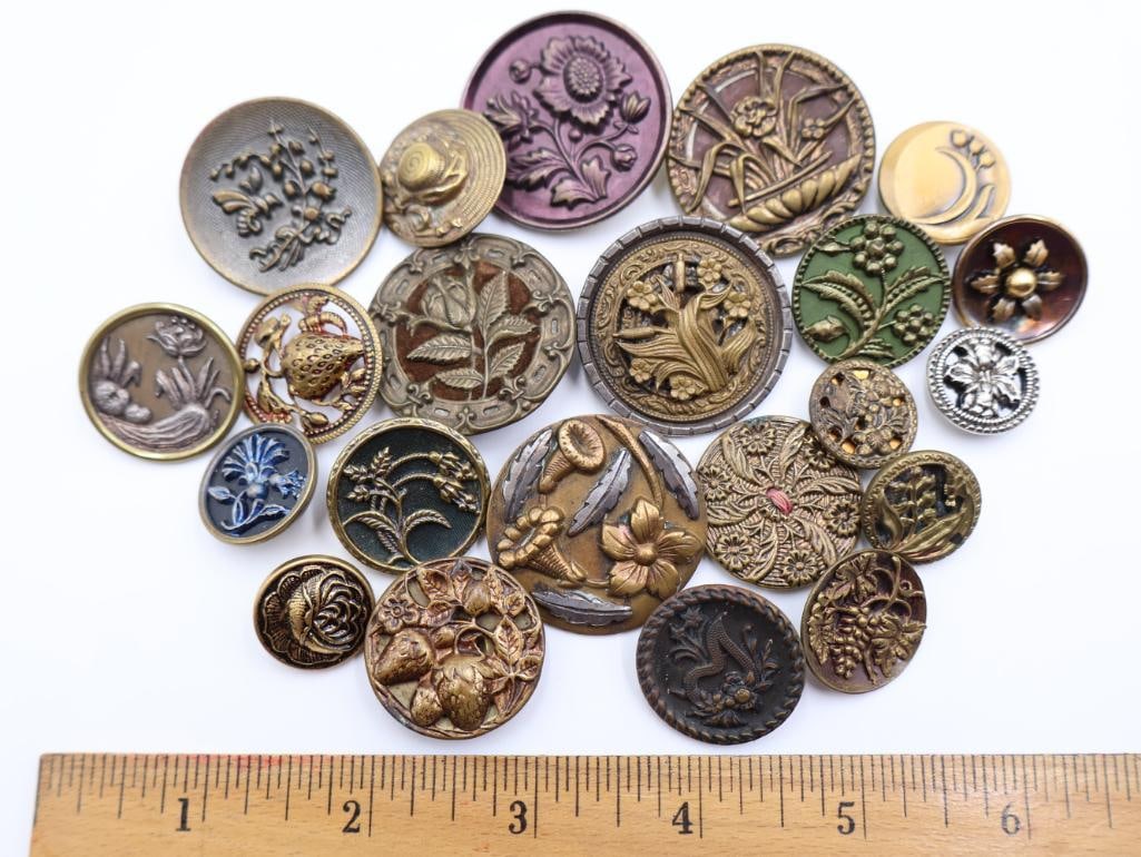 Antique Floral Metal Picture Buttons - 2