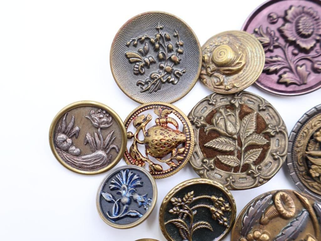 Antique Floral Metal Picture Buttons - 3
