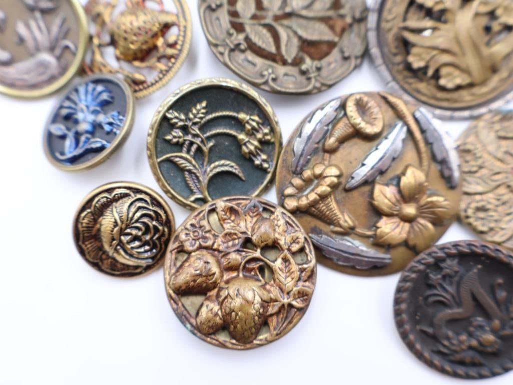 Antique Floral Metal Picture Buttons - 5