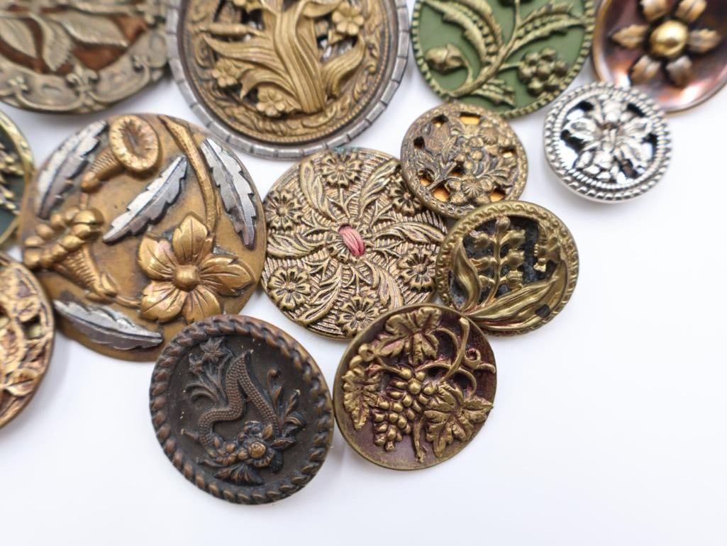 Antique Floral Metal Picture Buttons - 6