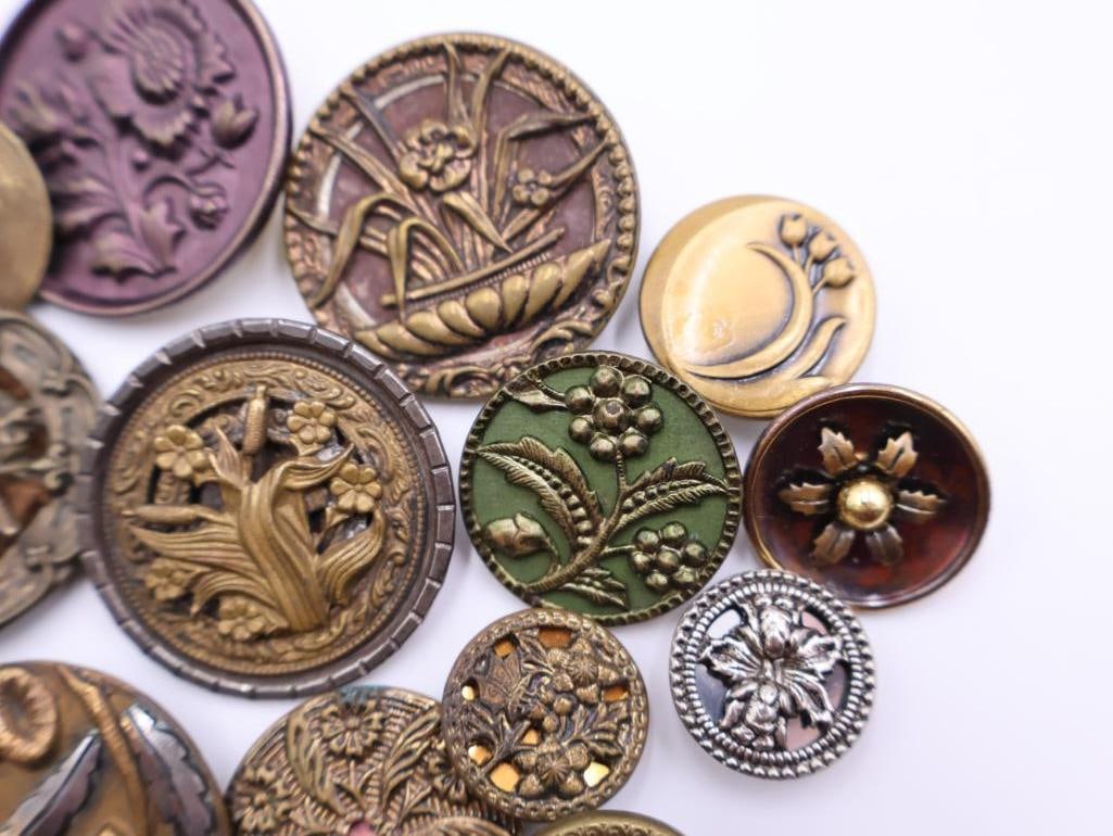 Antique Floral Metal Picture Buttons - 7