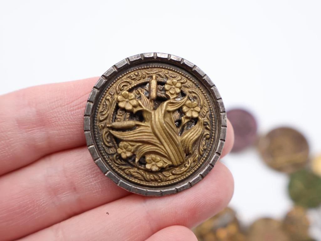 Antique Floral Metal Picture Buttons - 8
