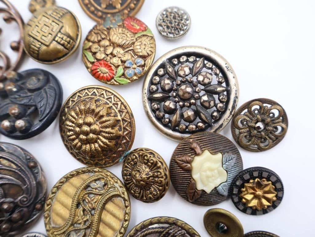 Antique Floral Metal Picture Buttons - 8