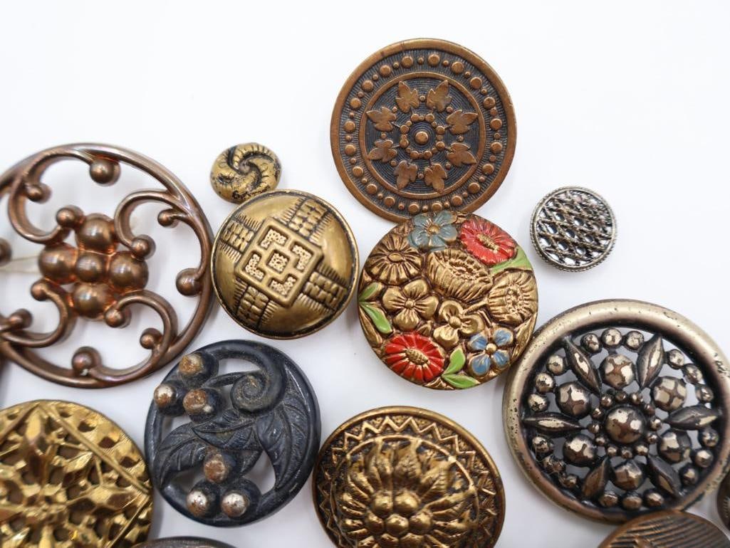Antique Floral Metal Picture Buttons - 9