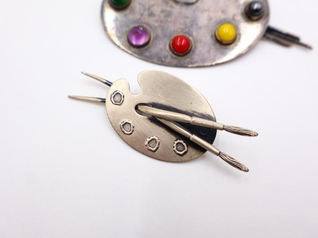 Vintage Sterling Silver Artist Palette Brooches - 7