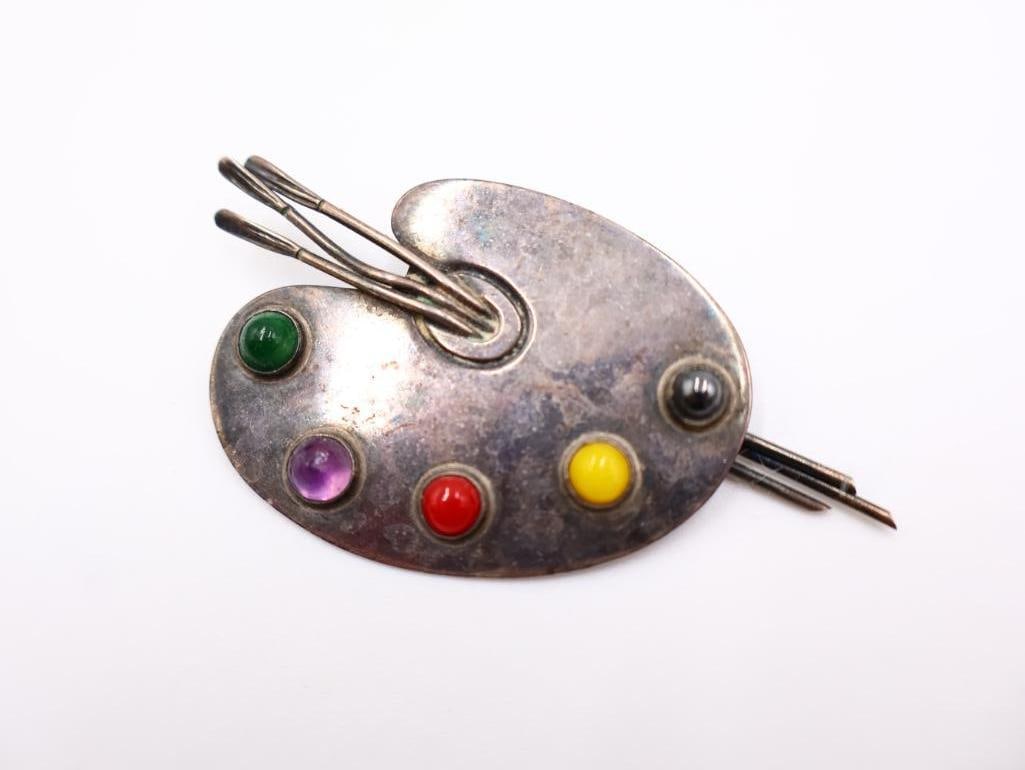 Vintage Sterling Silver Artist Palette Brooches - 9