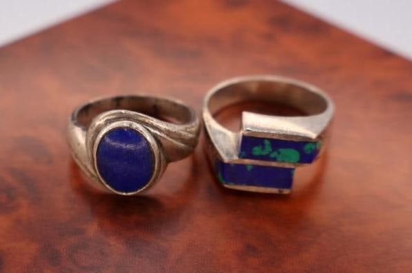 Two Sterling Silver Rings Featuring Blue and Green Gemstones: Marked 925, a Blue Oval Ring and Blue and Green Inlay Ring